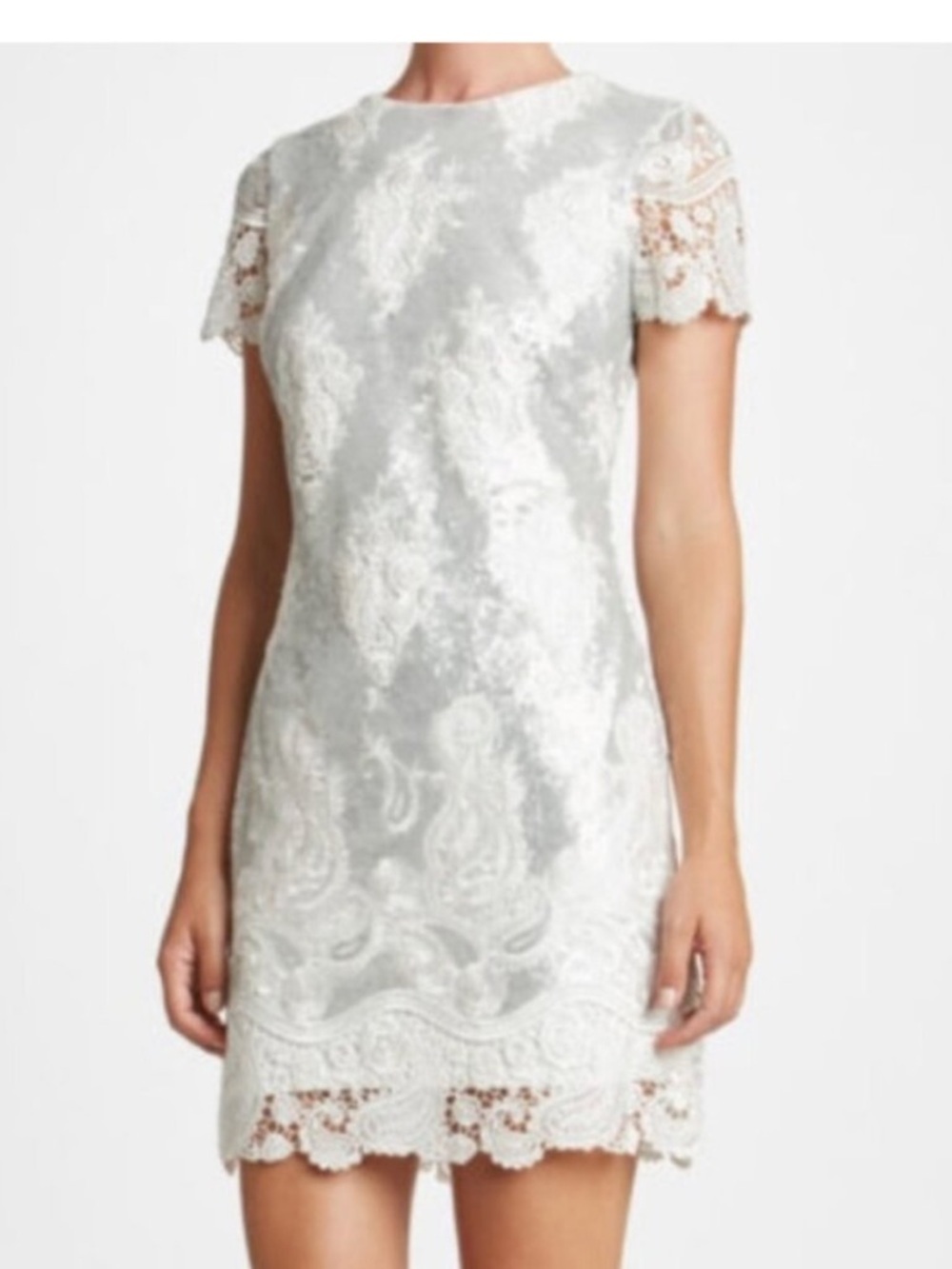 Dress the Population Silver White Lace Sequined Boho Cap Sleeve Formal Dress L